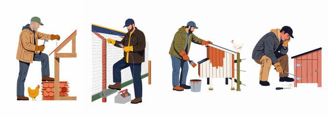 Illustrations of men building and maintaining chicken coops, featuring activities like roofing, fencing, painting, and repairing on a white background. © Neem