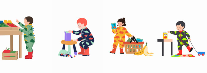Fototapeta premium Set of illustrations depicting toddlers in dinosaur-themed pajamas shopping for groceries, including fruit and juice, in a cute flat cartoon style.