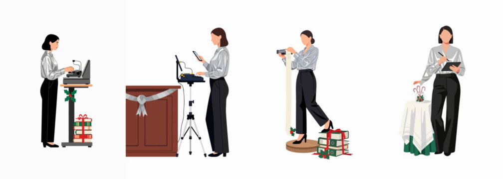 Set of professional female court reporters and legal assistants working in a courtroom setting with festive holiday decorations and equipment.