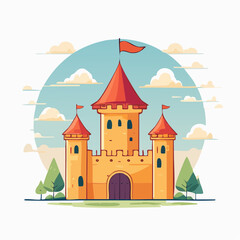 Naklejka premium Cartoon Castle with Red Towers and Flags