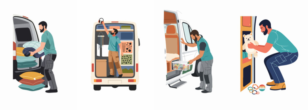 Set of illustrations featuring a man packing and organizing a camper van for travel, showcasing storage solutions and van life lifestyle.