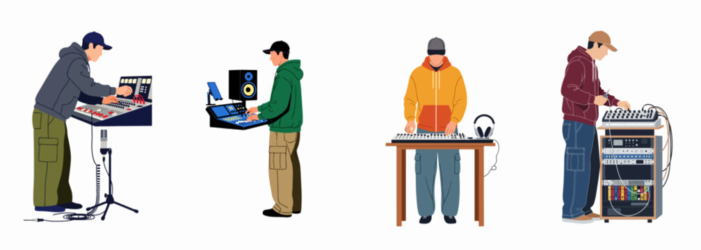 Set of four male music producers and DJs working with various audio equipment and consoles in flat illustration style, isolated on white background.