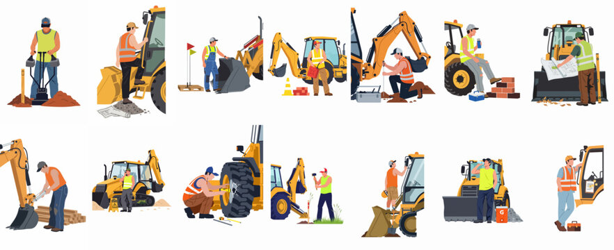 Collection of flat vector illustrations depicting various construction workers operating, servicing, and taking breaks near heavy excavator and backhoe machinery.