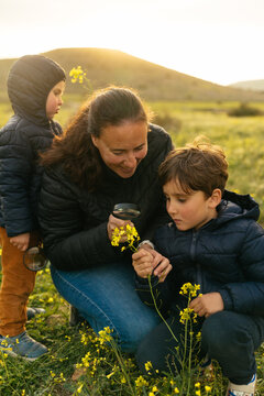 Family exploring nature and learning about plants outdoors