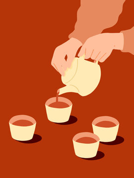 Hands pouring hot tea into multiple cups