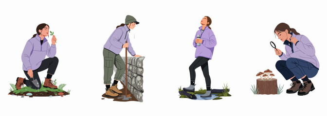Set of illustrations showing a young woman engaged in various nature exploration activities like hiking, gardening, and studying mushrooms in the outdoors. © Neem