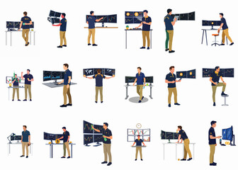Fototapeta premium Set of professional male cryptocurrency trader illustrations working at workstations with multiple monitors, analyzing financial charts and Bitcoin market data.