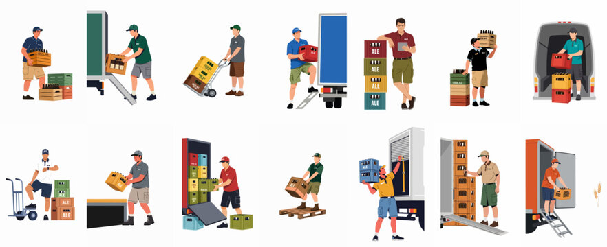 Set of illustrations depicting delivery men loading and unloading crates of beer and ale from trucks and vans, showcasing various transport and logistics scenarios.