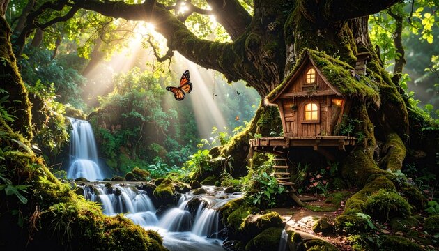 Whimsical Treehouse in Magical Forest with Cascading Waterfall and Sunlit Path.