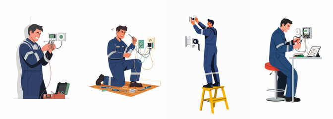 Fototapeta premium Professional Electrician Character Set Performing Electrical Repairs and Installations