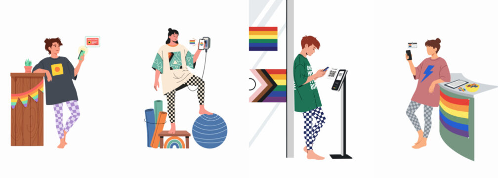 Inclusive Illustrations of Young People Using Mobile Devices for Digital Payments and Services in Spaces Decorated with LGBTQ Pride Symbols and Flags.