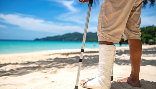 Injured person with leg cast and crutches walking on a sunny tropical beach during vacation