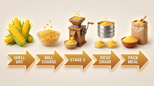 Industrial corn milling process infographic showing stages from raw maize cobs to ground meal production in a clean minimalist 3d illustration style design