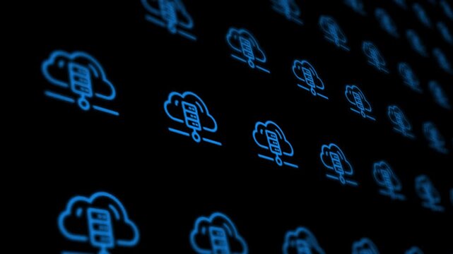 Glowing blue cloud computing server icons in a digital grid background