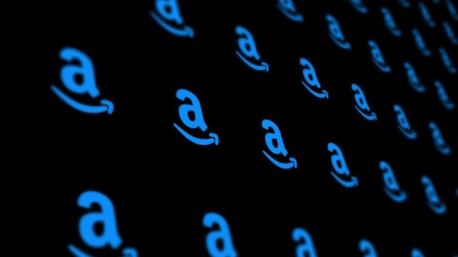 Glowing blue Amazon company logo icons in a digital grid background, editorial only