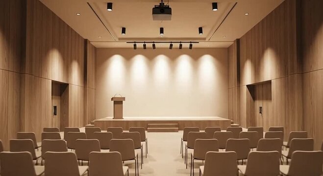 Empty modern conference room with wooden walls and stage ready for a presentation