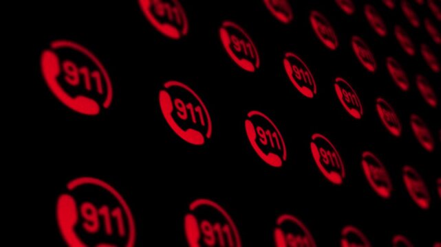 Glowing red 911 emergency call icons in a digital grid on dark background motion graphics