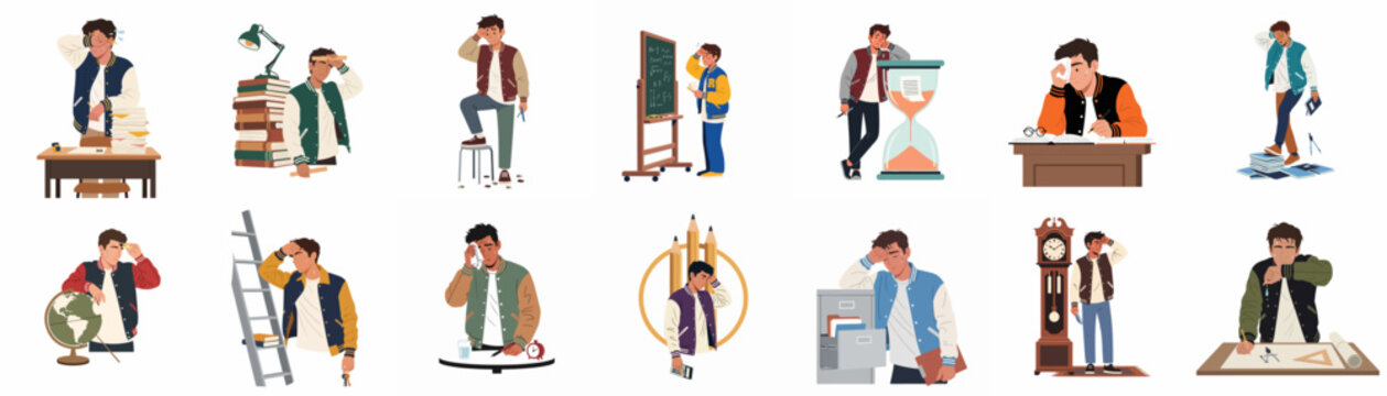 Illustrations of a male student experiencing academic stress, exhaustion, and intense pressure during his studies and exam preparation.