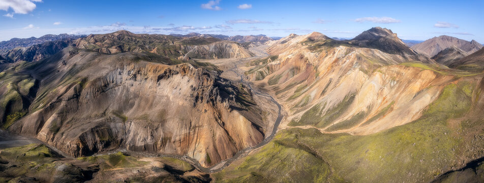 Aerial panorama of rhyolite highlands, Landmannalaugar Iceland