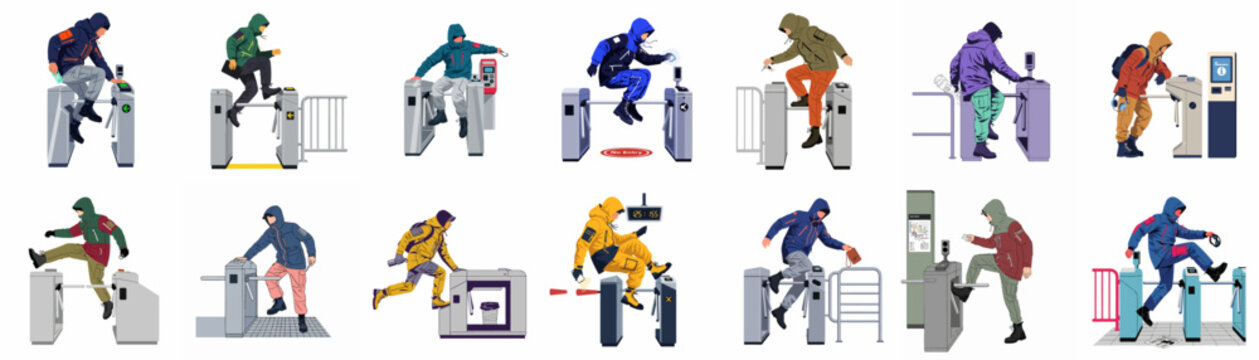 Set of diverse characters in technical streetwear jumping over and interacting with metro station turnstiles in various dynamic poses.