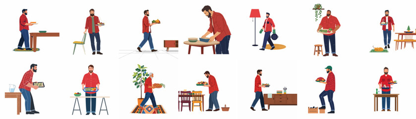 Fototapeta premium Collection of diverse men in red plaid shirts preparing meals, serving food, and setting tables for a festive dinner or family gathering.
