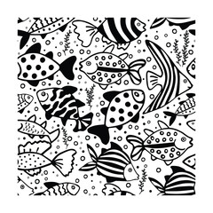 Fototapeta premium Seamless pattern with various cute cartoon fish, doodle style ocean background, hand drawn underwater marine life illustration.