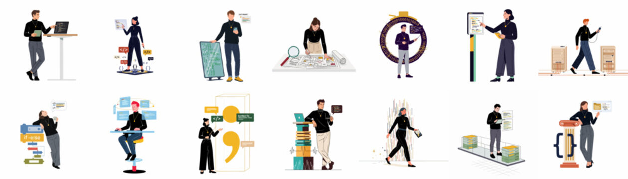 Collection of Software Developers and IT Professionals Working with Code, Servers, and Technology in Modern Flat Illustration Style