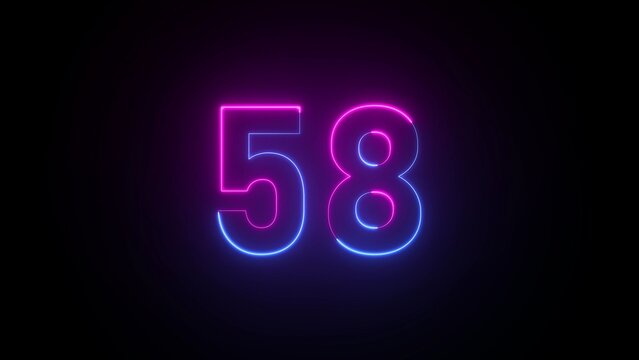 Illuminated neon number 58 in pink and blue on black fifty eight glowing