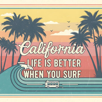 California Surf Life Retro Palm Trees Vintage Beach T Shirt Design