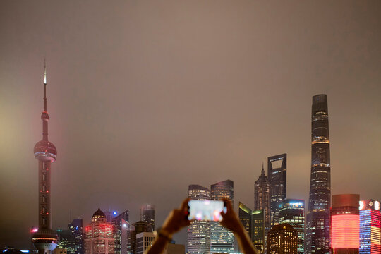 Shanghai Skyline View at Night With Bright Buildings and Lights