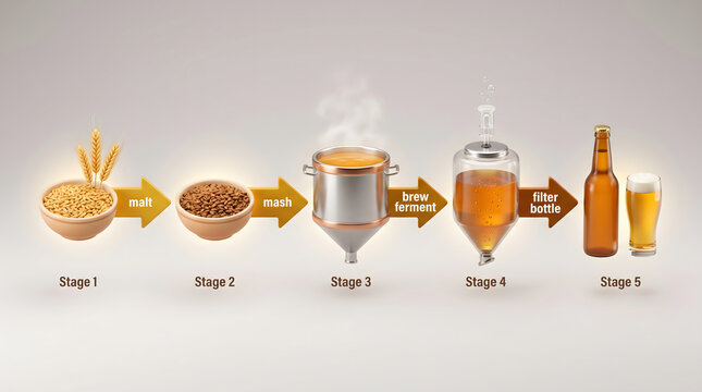 Infographic showing the five stages of beer brewing production process from grain to glass with 3d illustrations of malting mashing fermentation and bottling steps