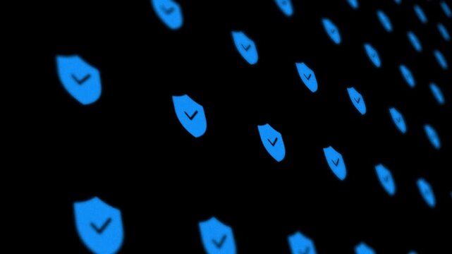 Glowing blue security shield icons with checkmarks in a digital grid background