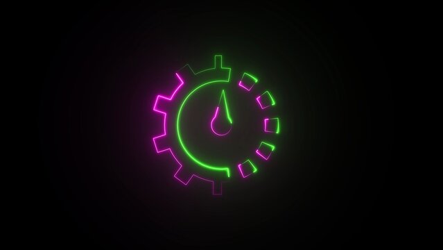 Neon clock dial with gear and indicator on black background time