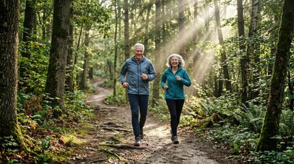 Fototapeta premium An elderly couple jogging on a forest path, bathed in ethereal sunlight streaming through the trees