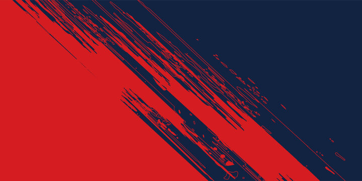 A dynamic abstract background features a bold contrast of red and navy blue separated by angled brush strokes, creating a visually striking and textured composition