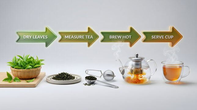 Step by step guide to brewing tea with dry leaves measuring brewing hot and serving in a cup
