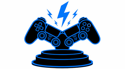 Vector illustration of two game controllers crossed on a podium with lightning bolts, graphic element. © JSTYLO