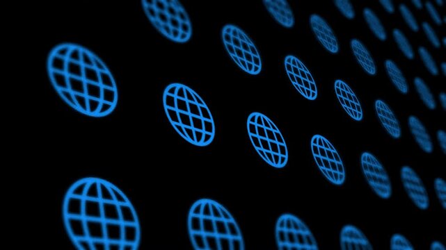 Global business technology network grid background with sliding camera perspective over glowing blue globe icons loop video
