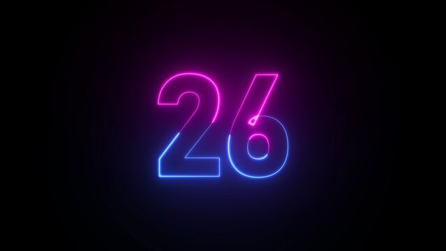 Neon Number 26 Illuminated in Pink and Blue Against a Dark Background twenty six numeral
