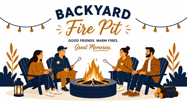 Cozy backyard fire pit scene with friends toasting marshmallows, flat design vector illustration.