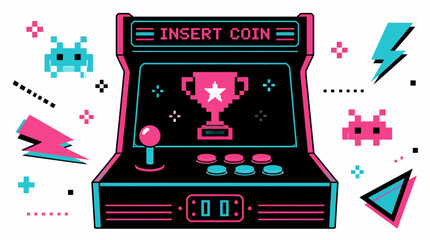 Retro arcade game machine with trophy, lightning bolts, and pixel aliens, vector graphic © JSTYLO