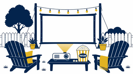 Outdoor movie night scene with projector, popcorn, Adirondack chairs, and string lights © JSTYLO