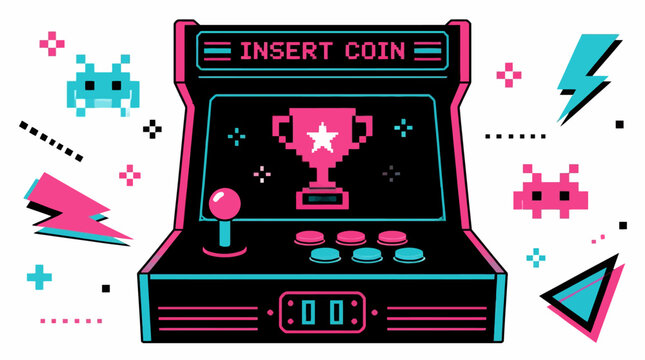 Retro arcade game machine with trophy, lightning bolts, and pixel aliens, vector graphic