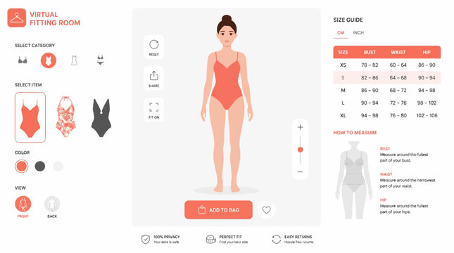 Virtual fitting room app concept with woman trying on swimwear, showing size chart and color options.