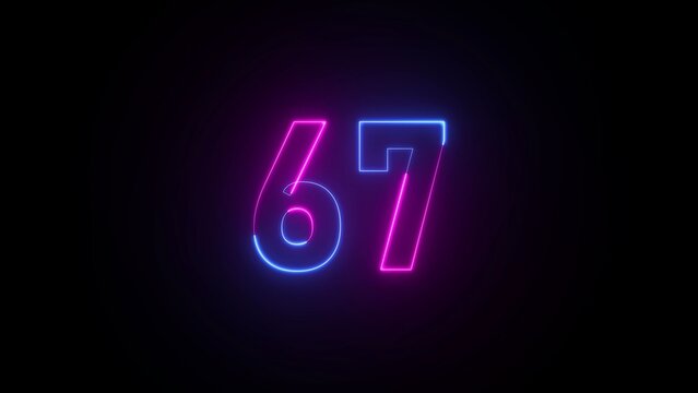 Neon number 67 glowing in blue and pink against a black background sixty seven numeral