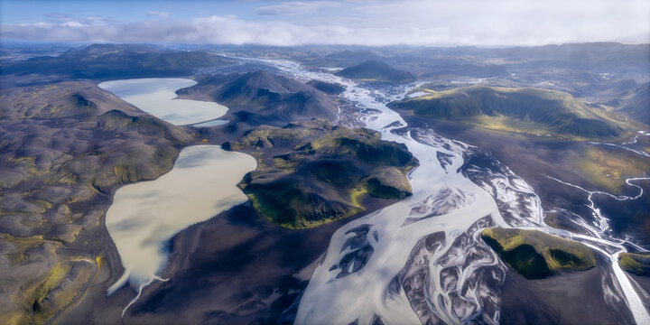 Aerial panorama of glacial river and lakes, Landmannalaugar