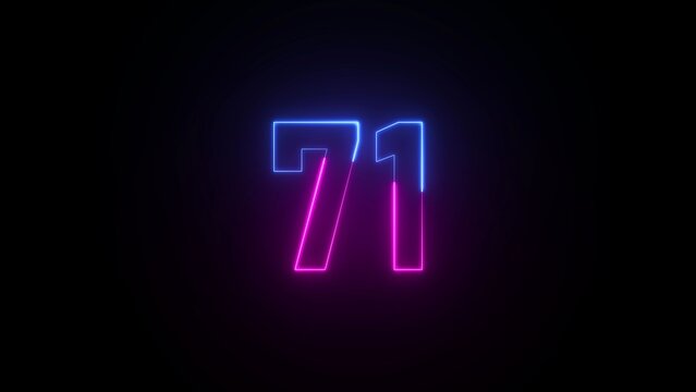 Neon number 71 glowing in blue and pink against a black background seventy one numeral
