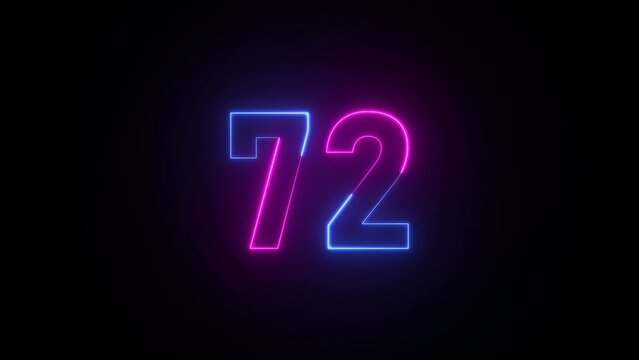 Neon number 72 glowing in pink and blue against a black background seventy two