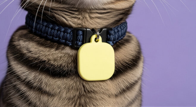 Closeup of a tabby cat wearing a blue braided collar with a blank yellow square id tag against a solid purple background