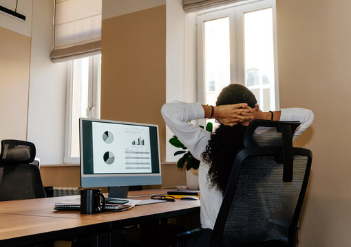 Businesswoman Relaxing at Desk After Working on Computer